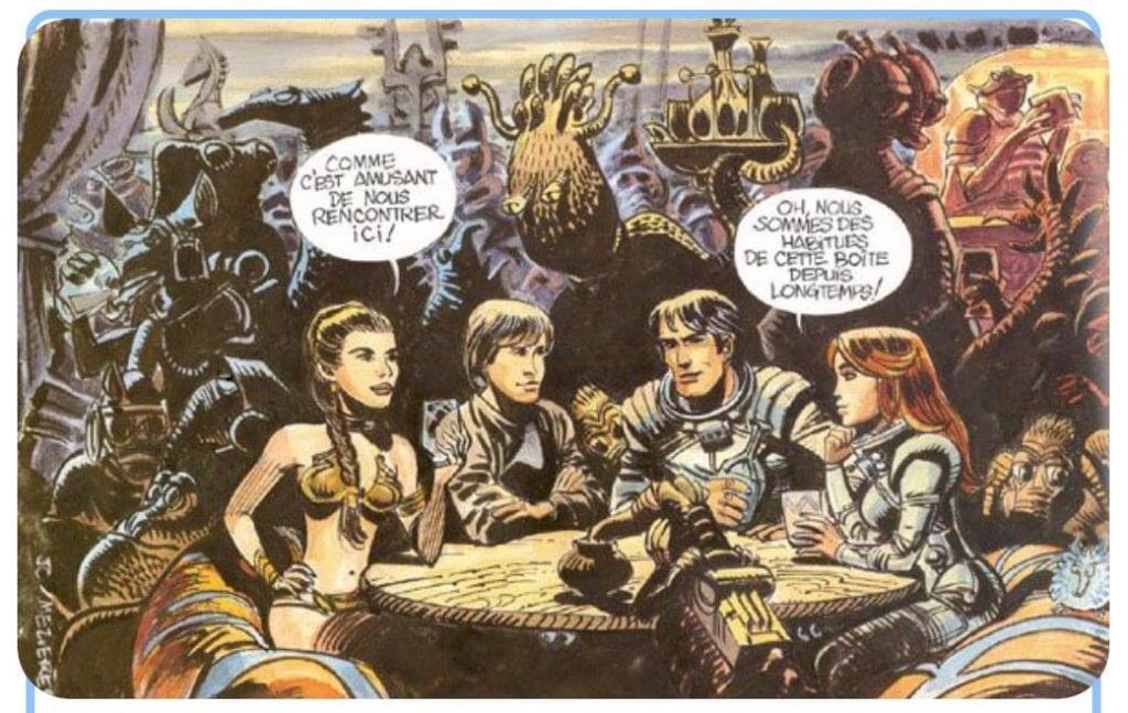 Valerian and Laureline meet Luke Skywalker and Leia. Leia says, "fancy meeting you here!" to which Laureline retorts "Oh, we've been hanging around here for a long time!" | Via Walt Simonson