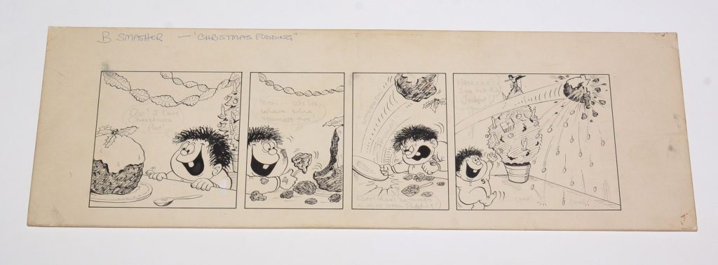 A four-panel cartoon "B(aby?) Smasher - Christmas Pudding", pen and ink with pencilled lettering, in the manner of artist Brian Walker, unframed, 38 x 13.5cms