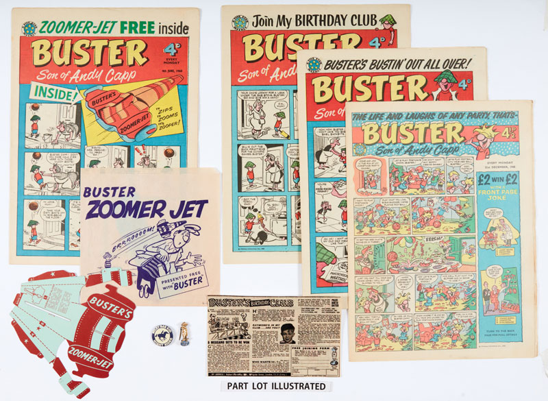Buster No 2 (cover dated 4th June 1960) wfg "Buster Zoomer Jet" in original printed bag, as new, with all further 1960s consecutive issues: 11 June - 31 Dec and Buster Club Badge and Milky Bar pin with photocopy Birthday Club Joining Form