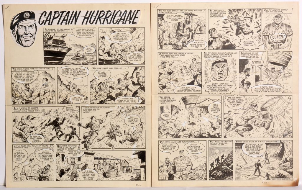 Three-and-a-half pages of original comics artwork from The Valiant 18th July, featuring a complete Captain Hurricane story, ink on heavy paper in seven sections, full-page measures 53.5 x 42.5cms