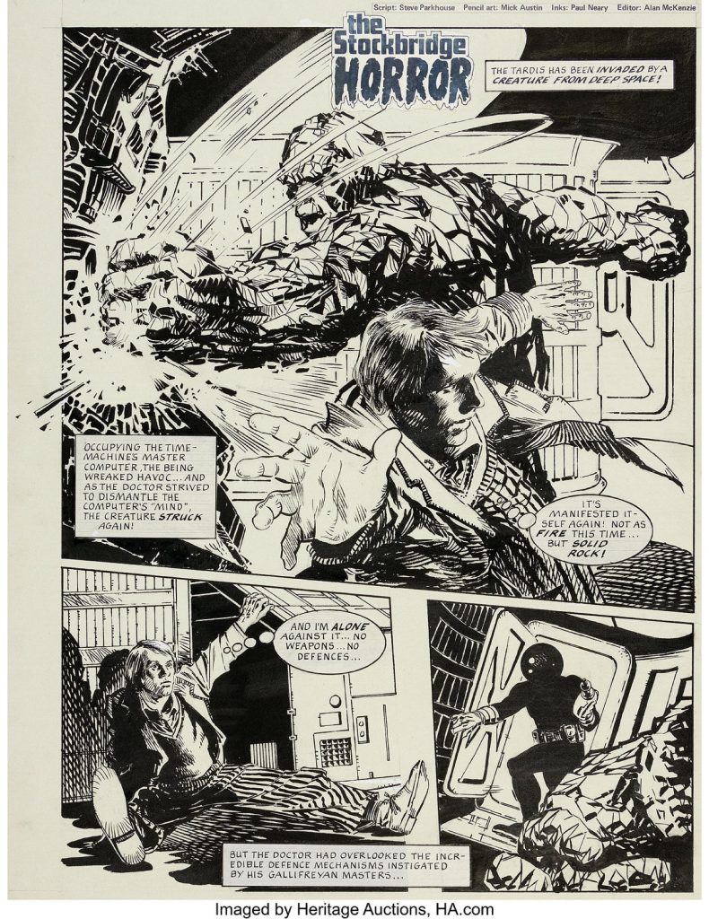 "The Stockbridge Horror (Part 4), Title Page, art by Mick Austin and Paul Neary, for Doctor Who Monthly  No. 73 (Marvel UK, 1983).  The village of Stockbridge finds itself once again embroiled in mystery! Local police discover a charred body in a ditch - but without any signs of fire nearby! In a quarry nearby, an impression of the TARDIS is discovered in rock dating back millions of years!