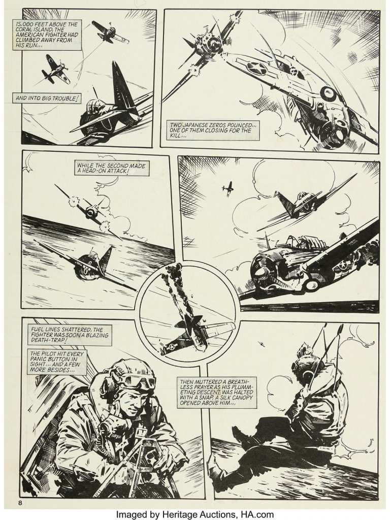 "Lunar Lagoon (Part 2), art by Mick Austin and Paul Neary, for Doctor Who Monthly No. 77 (Marvel UK, 1983). The Doctor's serene fishing trip is interrupted by a Japanese soldier who is still fighting World War Two, and the Time Lord is taken prisoner. A tremendous dogfight scene on this page!
