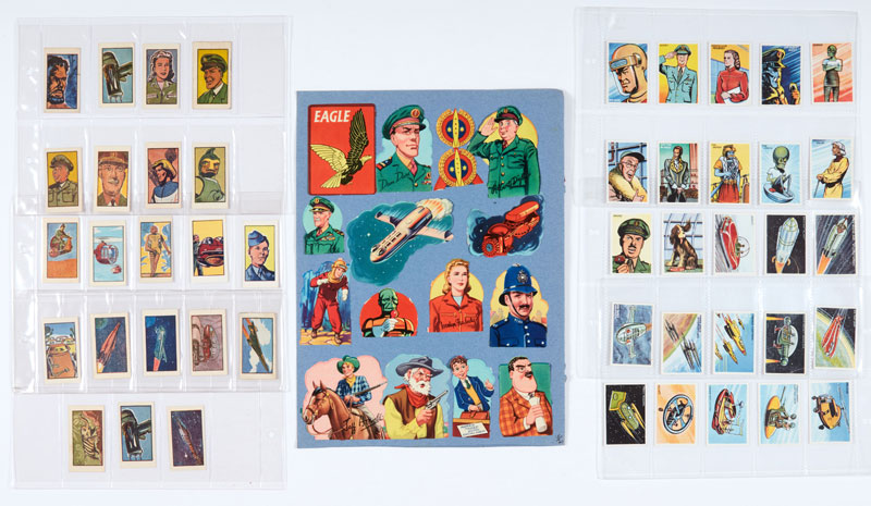 Dan Dare Picture Cards (1953) 1-25 complete set [vfn/nm] (given away with Calvert's Tooth Powder) with Dan Dare sweet cigarette cards 1-25 (missing Nos 2, 5, 10, 18, 25) by Clevedon Confectionary and scarce Dan Dare/Eagle 15 character sticker set (1950s)