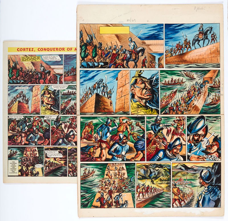 Eagle original artwork, for Volume 1: No 34 (1950) - "Cortez, Conqueror of Mexico" by William Stobbs. With original comic. After beating off many Aztec attacks Cortez and his army retreat from the city into the jaws of another Aztec trap… William Stobbs (1914-2000) was head of design at the London College of Printing illustrating over 100 books including 20 of his own and 'Cortez' was his only comic strip artwork | Poster paint on board. 21 x 15 ins