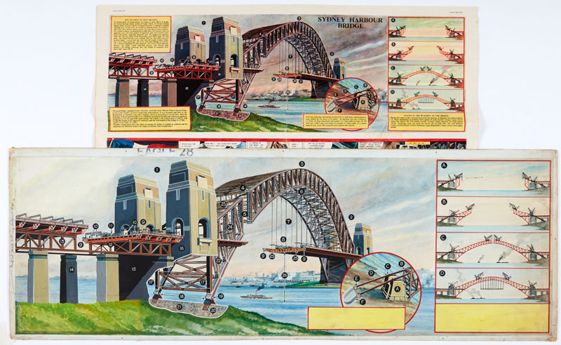 Eagle original double page artwork of Sydney Harbour Bridge (1954) painted and signed by Walkden Fisher for The Eagle Volume 5: No 28 (1954) |Poster colour on board. 30 x 10½ ins