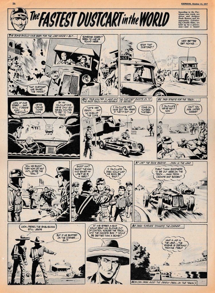 Early strip work by Ian Kennedy - "The Fastest Dustcart in the World", from Express Weekly No. 160, cover dated 12th October 1957. With thanks to David Slinn