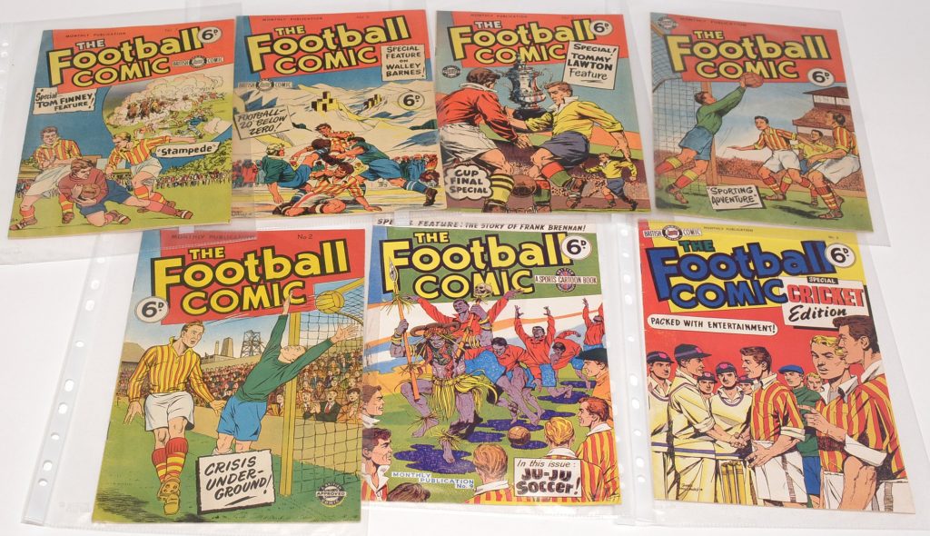 The Football Comic No's 2, 3, 5, 6, 7, 9 and Special Cricket Edition No.3, published by Sports Cartoons Ltd and L. Miller distributors.