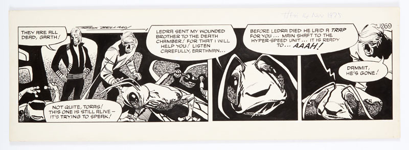 Garth, "Bubble Man", original artwork (1975) drawn and signed by Frank Bellamy for the Daily Mirror 14.11.'76 | Indian ink on board. 21 x 7 ins