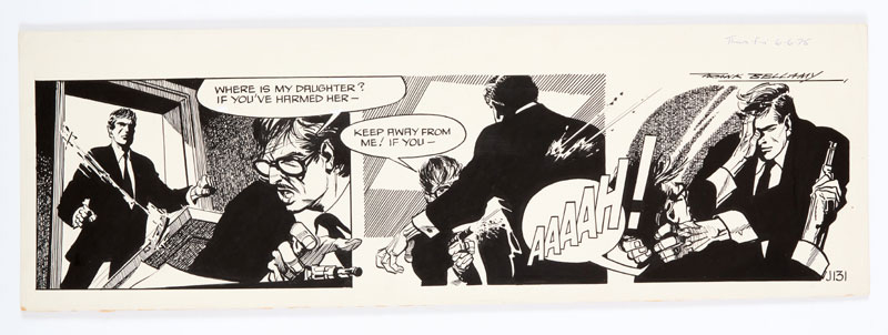 Garth, "Doomsmen", original artwork (1975) drawn and signed by Frank Bellamy for the Daily Mirror 6.6.'75 | Indian ink on board. 21 x 7 ins