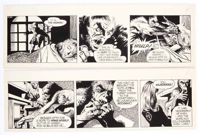 Garth's "Wolfman of Ausensee" two original artworks (1972) by Frank Bellamy for The Daily Mirror | 24.6.'72 and 14.8.'72. Indian ink on board. 21 x 7 ins