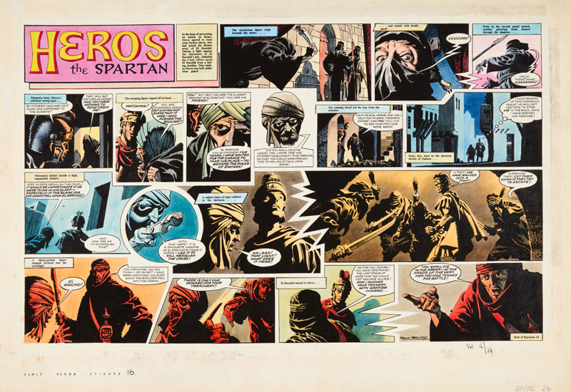 Heros the Spartan original double-page artwork (1965) painted and signed by Frank Bellamy. From The Eagle Vol. 16, No 24 centre spread, 1965. Matoumin rescues Heros from his prison to help plot revenge on El Raschid but they are caught in El Raschid's trap, Matoumin is stabbed to death and Heros condemned to die in the arena at the hands of his own men... | Pelikan inks on board. 28 x 20 ins