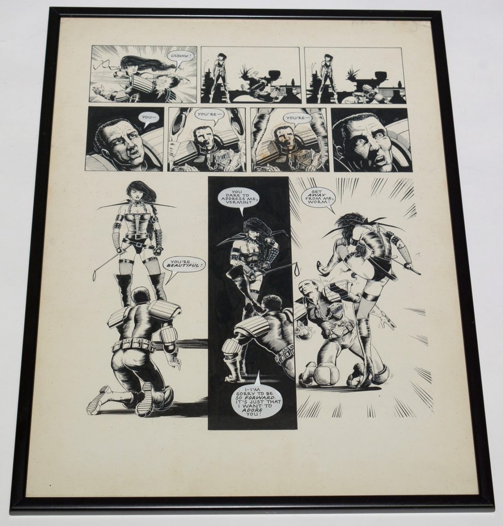 A page of original artwork featuring the character Judge Ballard in a scene from a 2000AD story Judge Anderson by artist Barry Kitson, in pen and ink, inscribed "Anderson Pg.2", 51.5 x 38cms, in glazed frame