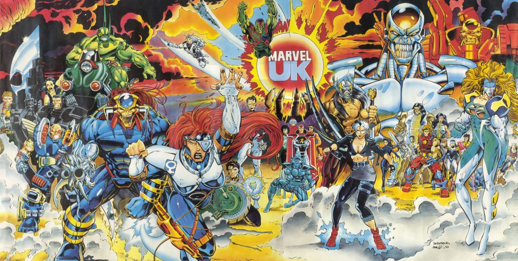 The final, coloured 1993 Marvel UK promotional poster, art by Salvador Larocca, inked by Cam Smith. This features characters both published and unpublished