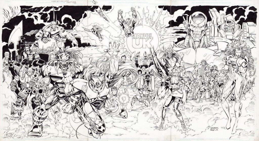 Art for a 1993 Marvel UK promotional poster, art by Salvador Larocca, inked by Cam Smith. This features characters both published and unpublished. With thanks to Robert Brown, and Adrian Clarke of GetMyComics