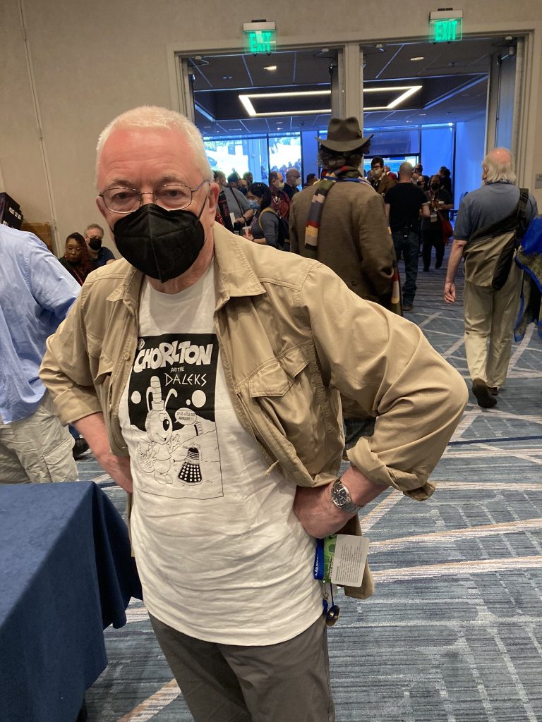 Stephen Gallagher at Gallifrey One at the weekend in Los Angeles, promoting Cutaway Comics new Doctor Who "splinter universe" project, "Gods and Monsters - Faustine". And yes, we want that t-shirt. Image via Stephen Gallagher/ Twitter