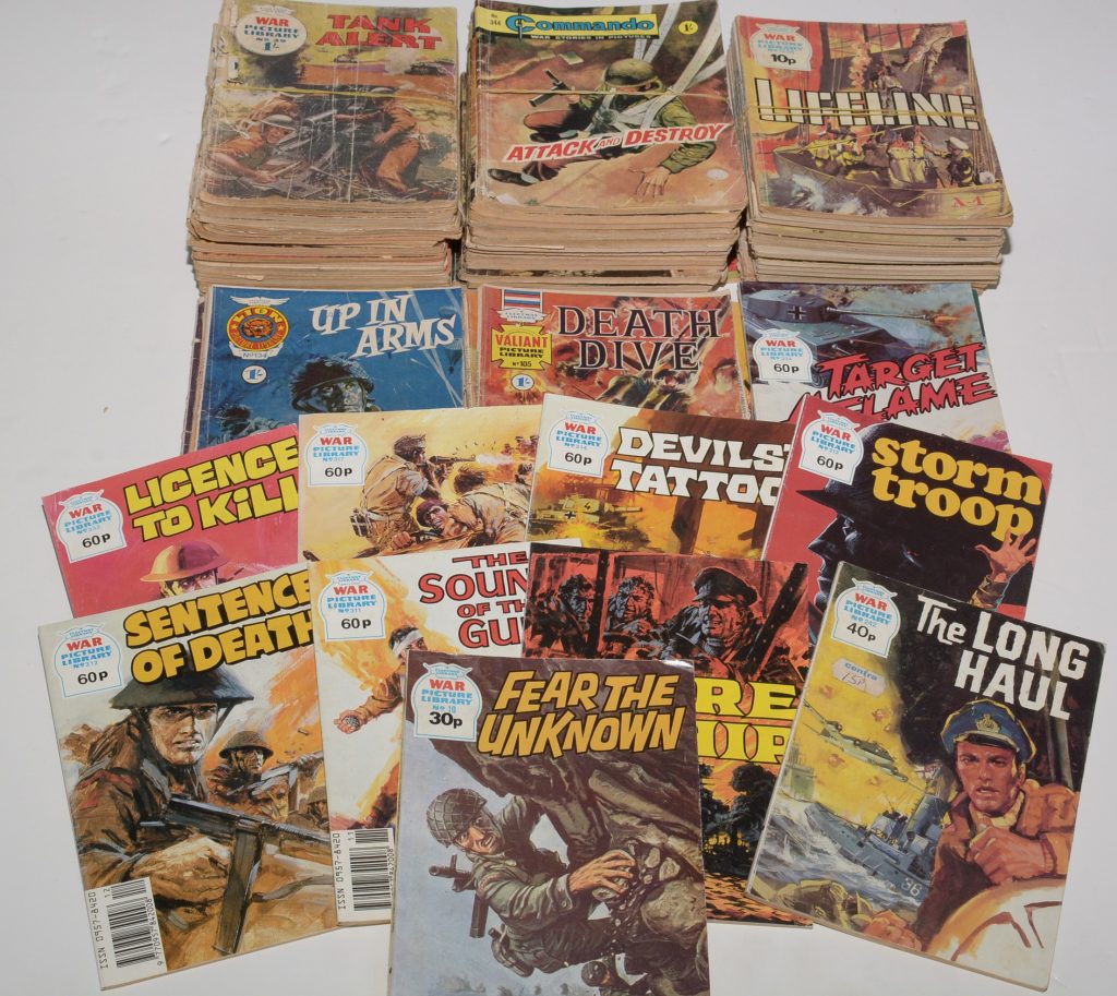 War Picture Library (Fleetway), No's. 29, 30, 98, 106, 223, and sundry later issues (x39); War Picture Library, Vol. 2, sundry issues between No's. 10 and 336 (x11); and other British Digest Comics: Commando, Valliant Picture Library, Lion Picture Library, and Super Detective Picture Library sundry issues.