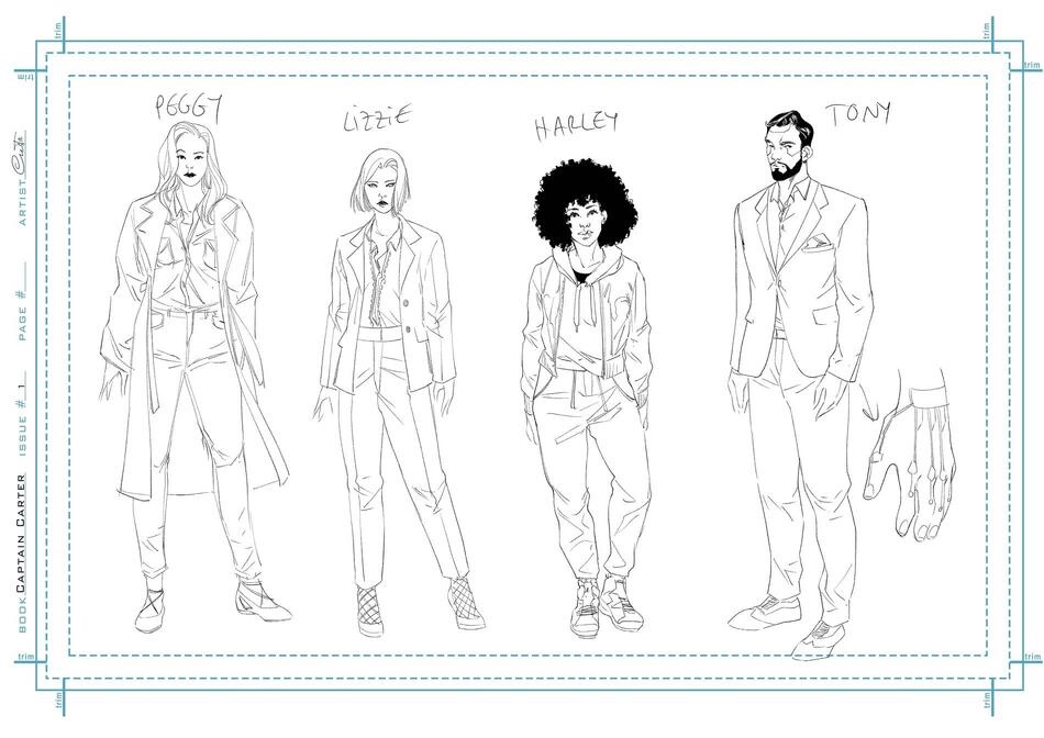 Character ink designs for Peggy Carter, and additional cast, by Marika Cresta. Image: Marvel