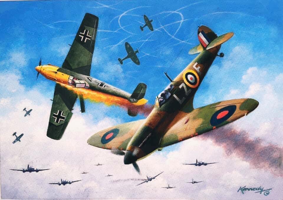 A World War Two "dogfight" commissioned work by Ian Kennedy, who wrote on the back, "Thank you for the opportunity to enjoy myself!". With thanks to owner Chris Wright
