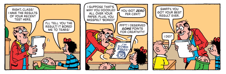 The Bash Street Kids are still proving a handful today. A clip from this week’s episode, written by Andy Fanton, drawn by David Sutherland, in BEANO 4122