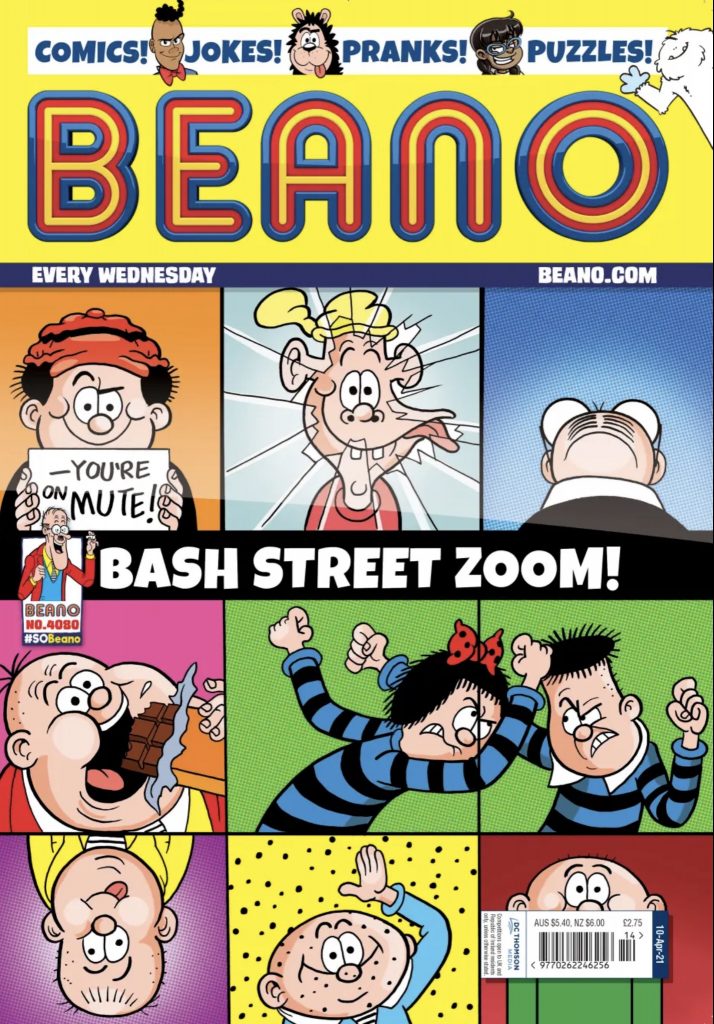Some of The Bash Street Kids in the cover of BEANO 4080, cover dated 10th April 2021