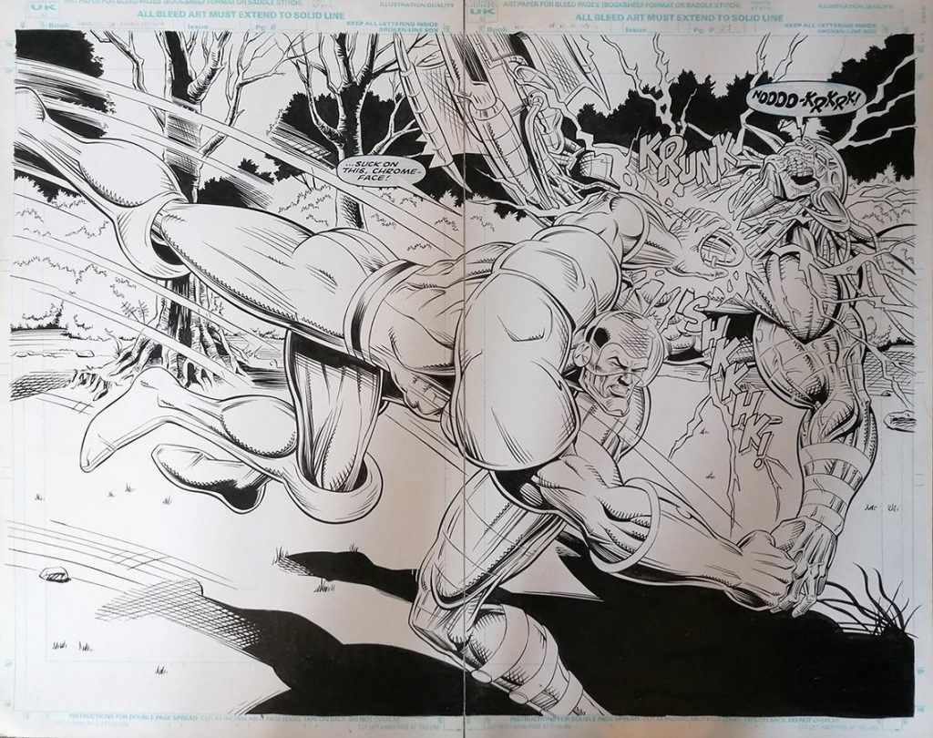 A double page spread from Marvel UK's Knights of Pendragon #13, drawn by John Charles when he was still called John Mould, with inks by Martin Griffiths