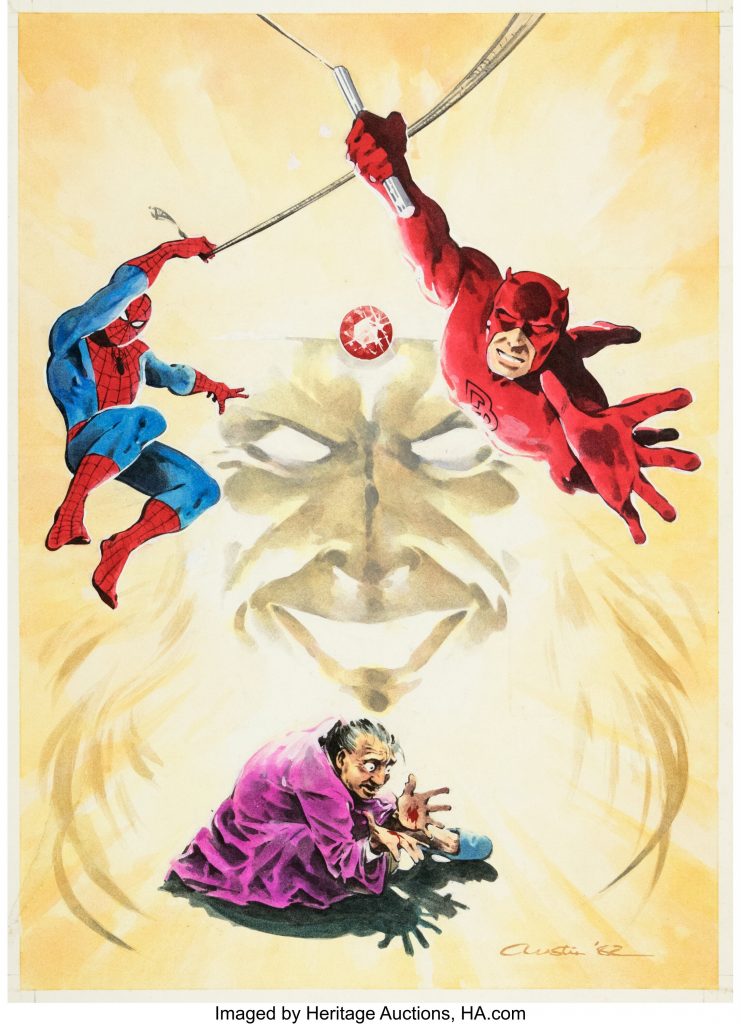 Spider-Man #507 Cover Original Art by Mick Austin (Marvel UK, 1982). Spider-Man, Daredevil and the villain Solarr star on this stellar cover. Mixed media on Oram & Robinson board with a large image area of 13" x 18". Signed.
