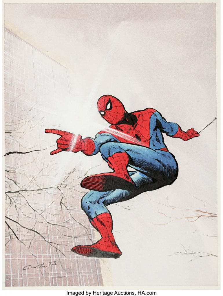 Spider-Man Comic Weekly #588 Cover Original Art by Mick Austin (Marvel UK, 1984). "Spidey in the search of the Hobgoblin." A wonderful cover of our Friendly Neighbourhood Spider-Man in the search of the Hobgoblin! Ink, direct color, white paint on Oram & Robinson board with a large image area of 11.5" x 17". Signed.