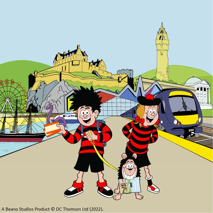 Blamtastic family campaign: VisitScotland and ScotRail have teamed up with Beano to promote family holidays and trips around Scotland by rail. Dennis (Alastair Hutchinson) and Gnasher surprise John and Summer Murray, with ScotRail conductor George MacLeod