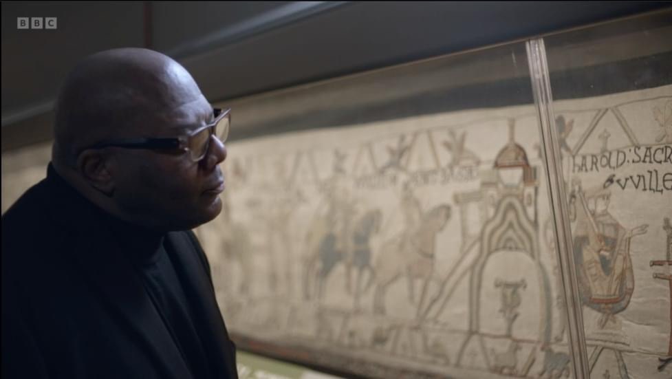 Woodrow Phoenix with the The Bayeux Tapestry, in Art That Made Us. Image: BBC