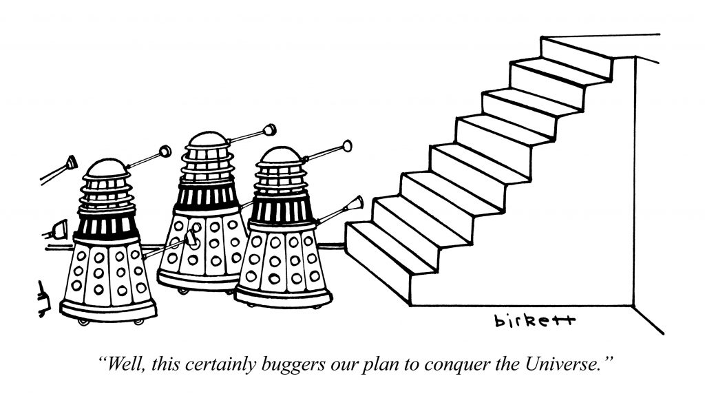 Daleks and Stairs cartoon by Peter Birkett