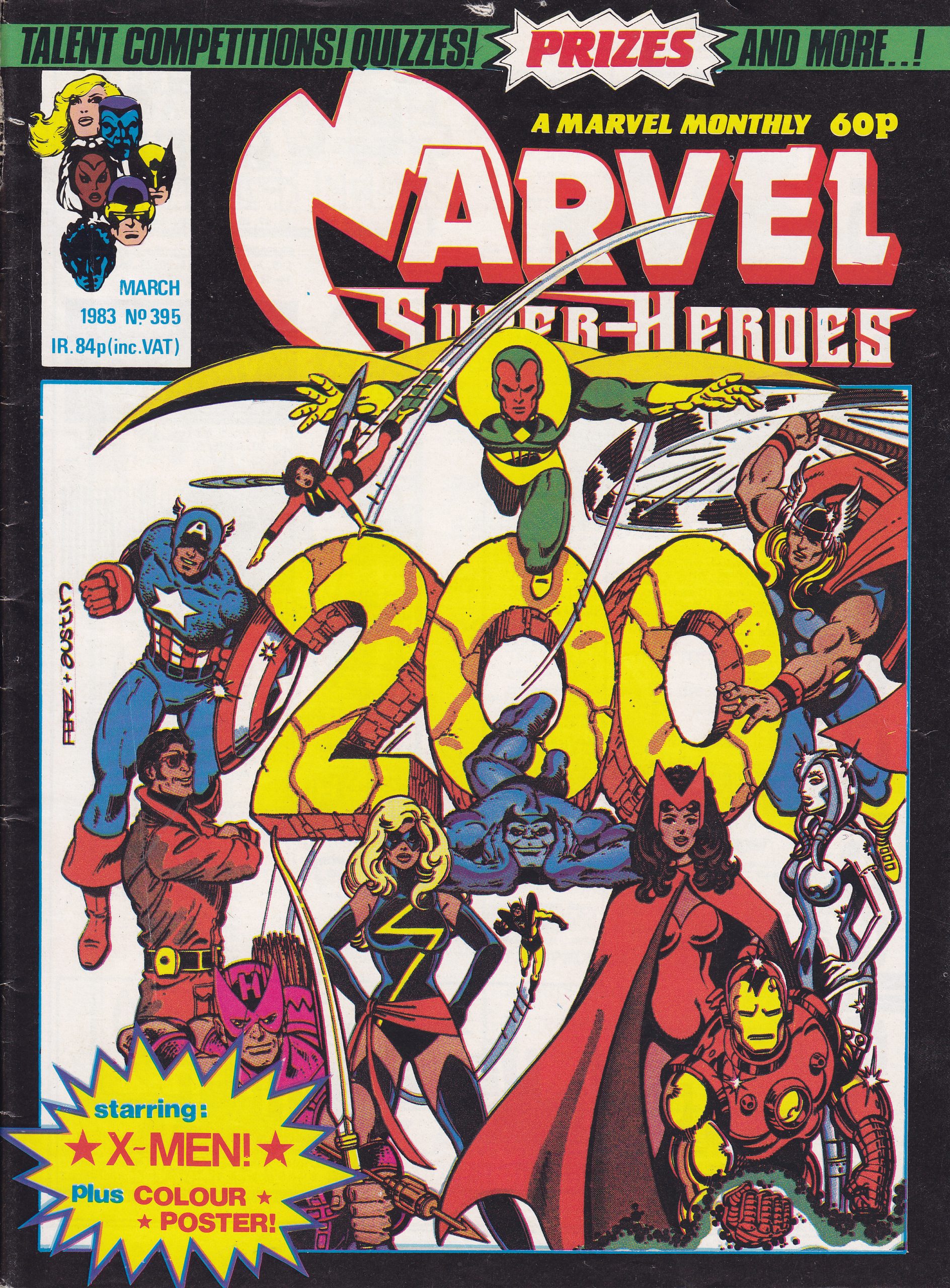Marvel UK’s Marvel Superheroes No. 395, featuring reprinted cover art for Avengers #200 (First Series)
