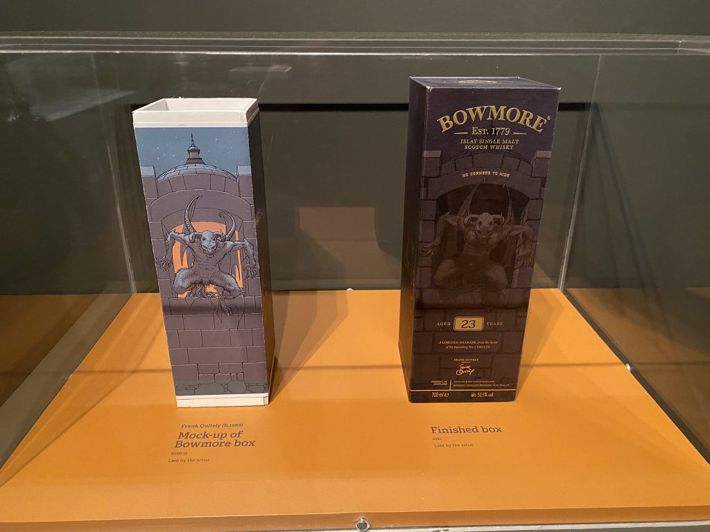 Bowmore whisky box art by Frank Quitely, exhibited at The Hunterian. Photo courtesy Metaphrog