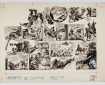 Doctor Who original double page artwork (1977) by John Canning for Mighty TV Comic 1327, cover dated 21st May 1977. The Klings attack the Tardis with their deadly Storn-Sticks as the Doctor plans a counter attack … Born in London in 1923, John Canning went to the Hornsey College of Art before joining the RAF as a pilot during World War Two. He worked as a commercial artist after the War and his first comics work was drawing the Ladybird adventure for Swift. T.V. Comic then employed him to draw the first Doctor Who series with William Hartnell in the title role in 1966. He drew Tom Baker in 1975-79 whilst also illustrating the Avengers, Charlie’s Angels and the Dukes of Hazard before completing the fourth Doctor Who series in 1980 | Indian ink and wash on board. 26 x 20 ins