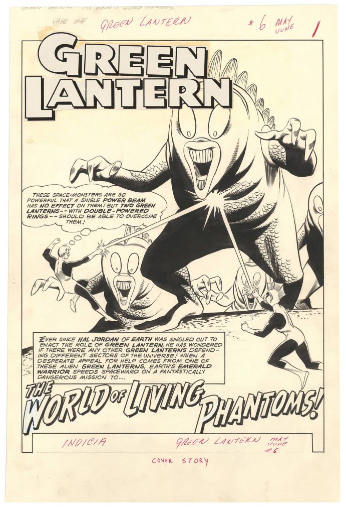 The original art page and title splash for DC Comics Green Lantern #6 by Gil Kane, published in 1961