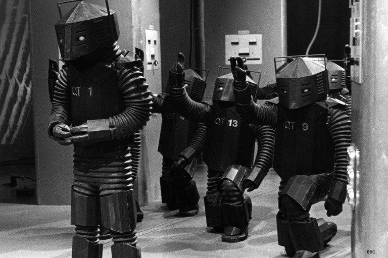 A scene from the Out of the Unknown episode "The Prophet", first broadcast on Sunday 1st Jan 1967, featuring the robots that would also appear in Doctor Who's "The Mind Robber"