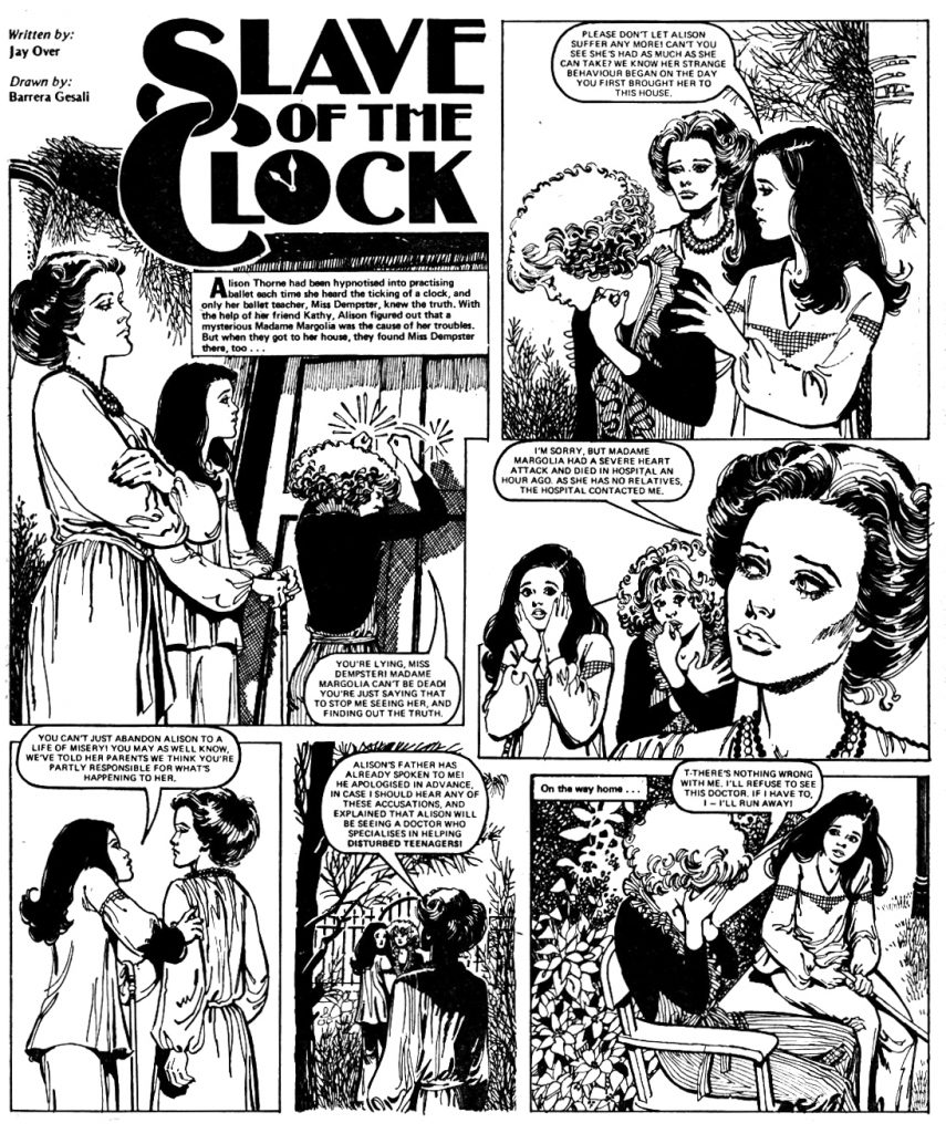 The opening page of "Slave to the Clock", for Tammy, cover dated 2nd October 1982. Art by Maria Barrera / Maria Barrera (Barrera Gesali)