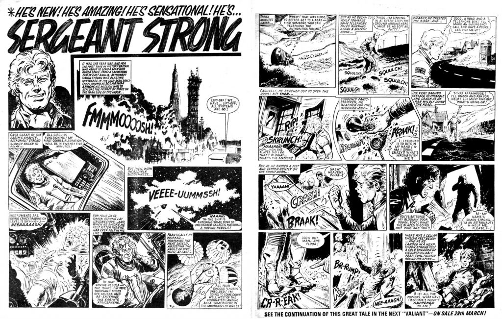 Sergeant Strong, drawn by Eric Bradbury, makes his debut in Valiant, cover dated 29th March 1975