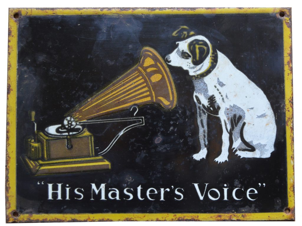 His Master's Voice enamel advertising sign, with Nipper at the gramophone, 30 x 23cms.