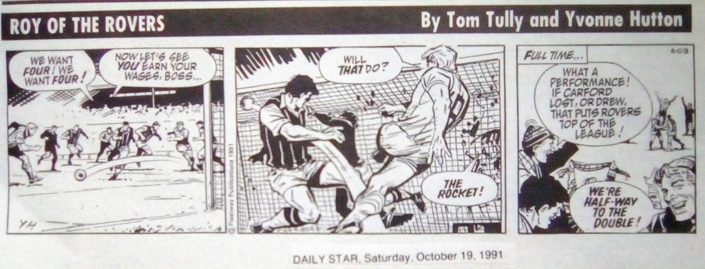 An example of the Roy of the Rovers strip that ran in the Daily Star, by Tom Tully and Yvonne Hutton. Via ComicsUK