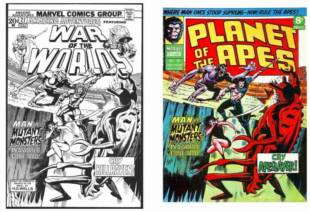 Marvel’s War of the Worlds #21 side by side with the cover of Marvel UK’s Planet of the Apes Weekly No. 30, featuring the final appearance of Apeslayer