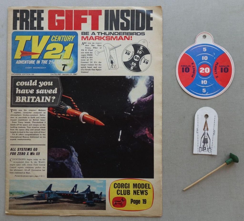 TV Century 21 No. 105, cover dated 21st January 1967 with Rare Free Gift Target and Sucker Dart