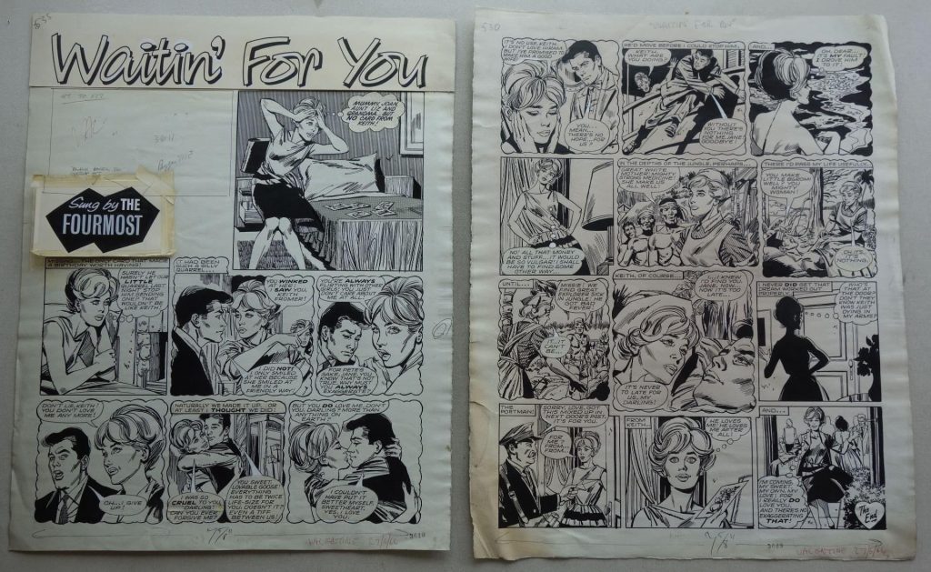 Two pages of original Artwork for Valentine cover dated 27th June 1964 - “Waitin' For You”