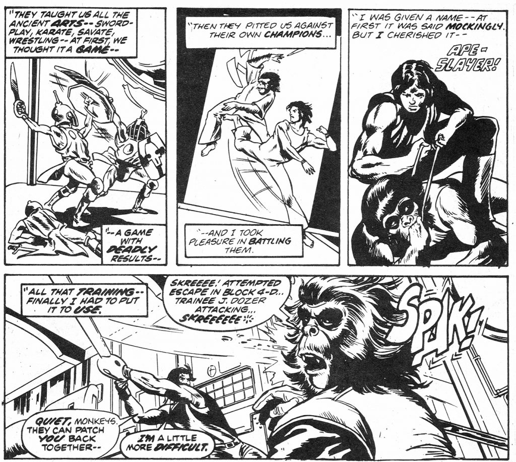 Panels from Planet of the Apes Weekly 24, cover dated 5th April 1975; “The Birth of Apeslayer”