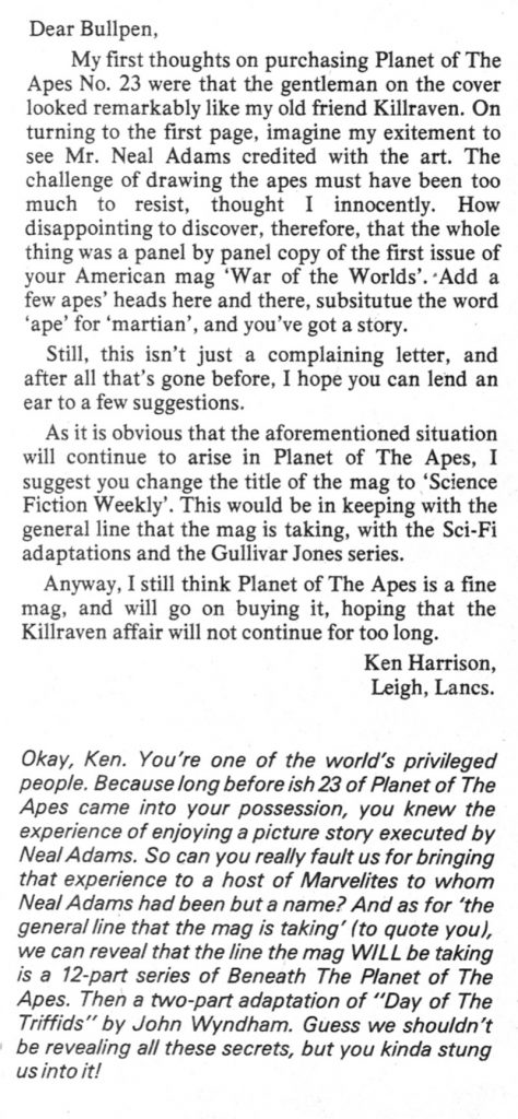 Unimpressed: reader Ken Harrison’s letter in Planet of the Apes No. 35, editorial ignoring his mention of Killraven in the reply!