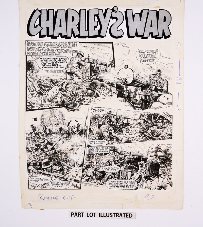 Charley's War: 3 original consecutive artworks (1984) by Joe Colquhoun (and signed to the lower panel of pg 3) for Battle 628 pgs 2-4 The battle of the Somme 1916. After a terrifying run Charley gets a message through to Lt. Snell who finally alerted the artillery. But because the sadistic Snell had caused a fatal delay, Charley returned to a tragic scene... and what he saw drove him mad with rage… Indian ink on card. 19 x 15 ins (3 artworks)