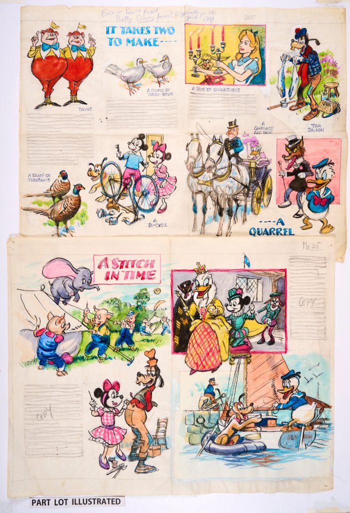 Disney Comics (1960s). Four original colour centre-spread layouts by Eric Parker for various Disney comics entitled Circus Crazy, Too Many Cooks, A Stitch in Time and It takes Two (with editor's margin note 'Eric - Don't forget Pretty Disney faces! Especially on the girls! Alf.' Poster colour on paper. 16 x 21 ins each (4)
