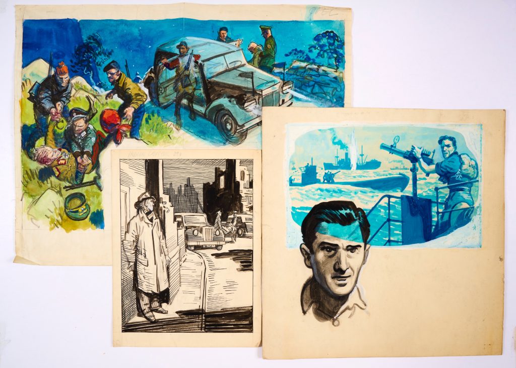 Three Wartime original artworks by Eric Parker. Poster colour on paper 20 x 15 ins. Colour wash on board 15 x 15 ins and black ink on card 12 x 9 ins (for Sexton Blake Library 290 (1953) The Secret of the Indian Lawyer)