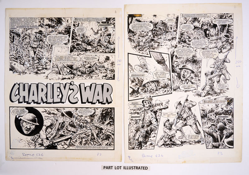 Charley's War: three original consecutive artworks (1984) by Joe Colquhoun for Battle Picture Weekly Issue 626. The battle of the Somme 1916. Charley volunteers as a runner to alert the artillery they are firing on the British positions… the first twelve runners did not get through... | Indian ink on card. 19 x 15 ins (Three artworks)
