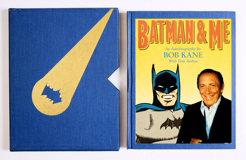 Batman & Me (1989 Eclipse Books USA). Limited edition number 305 of 1000 signed by Bob Kane, with full page Batman head sketch in black Sharpie pen also signed by Bob Kane, full fly page pencil head sketch of Batman signed 'Neil Adams Feb 24 2013 London' and Adam West signed interior front cover 'To Evie' with Batman outline sketch, dated 2004 London, and two promotional Adam West and Burt Ward Batman and Robin promotional colour photos | All in original slipcase, book and slipcase as new