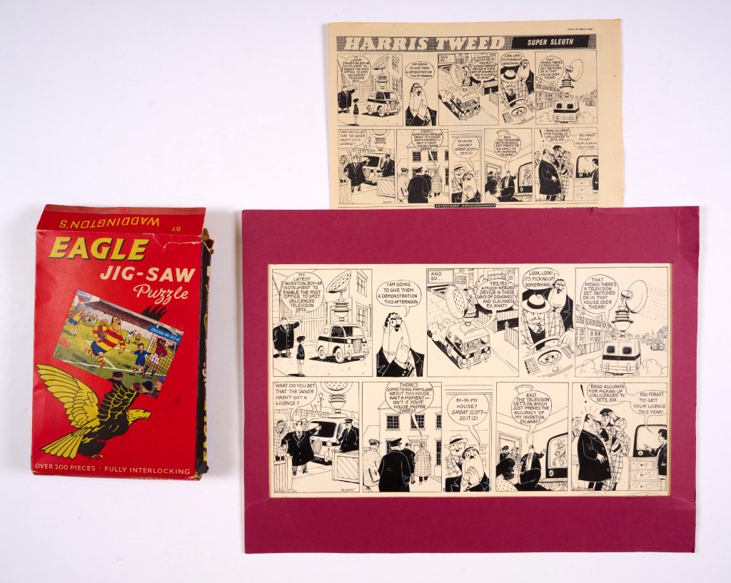 Harris Tweed - Extra Special Agent original artwork (1960) drawn and signed by John Ryan for The Eagle Vol. 11, No 12 1960 (with original comic) and Harris Tweed/Eagle Jigsaw puzzle complete in [vg] original box. Artwork: Indian ink on board, 16 x 11 ins